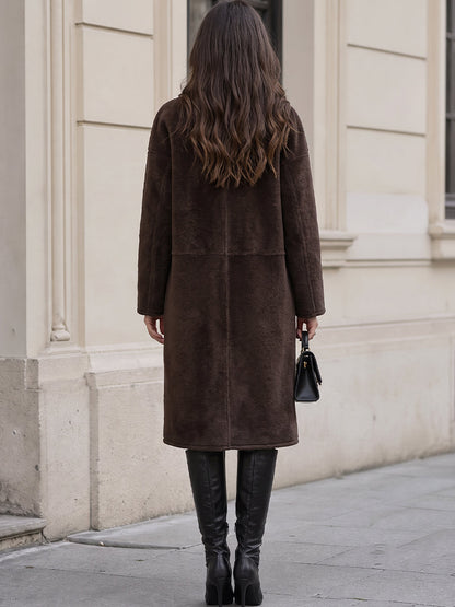 Round Collar Fuzzy Wool Blend Mid Length Coat For Women