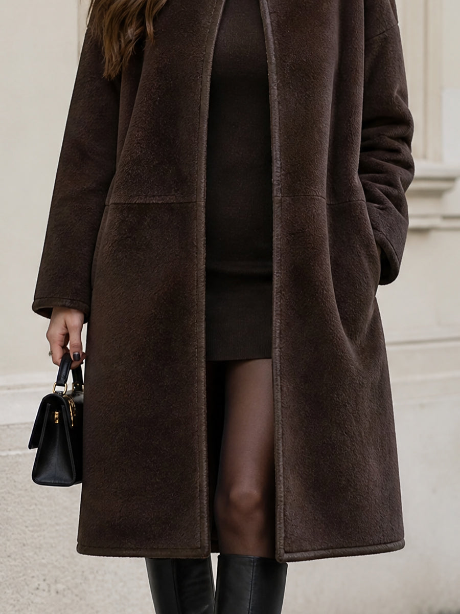 Round Collar Fuzzy Wool Blend Mid Length Coat For Women