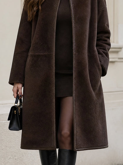Round Collar Fuzzy Wool Blend Mid Length Coat For Women