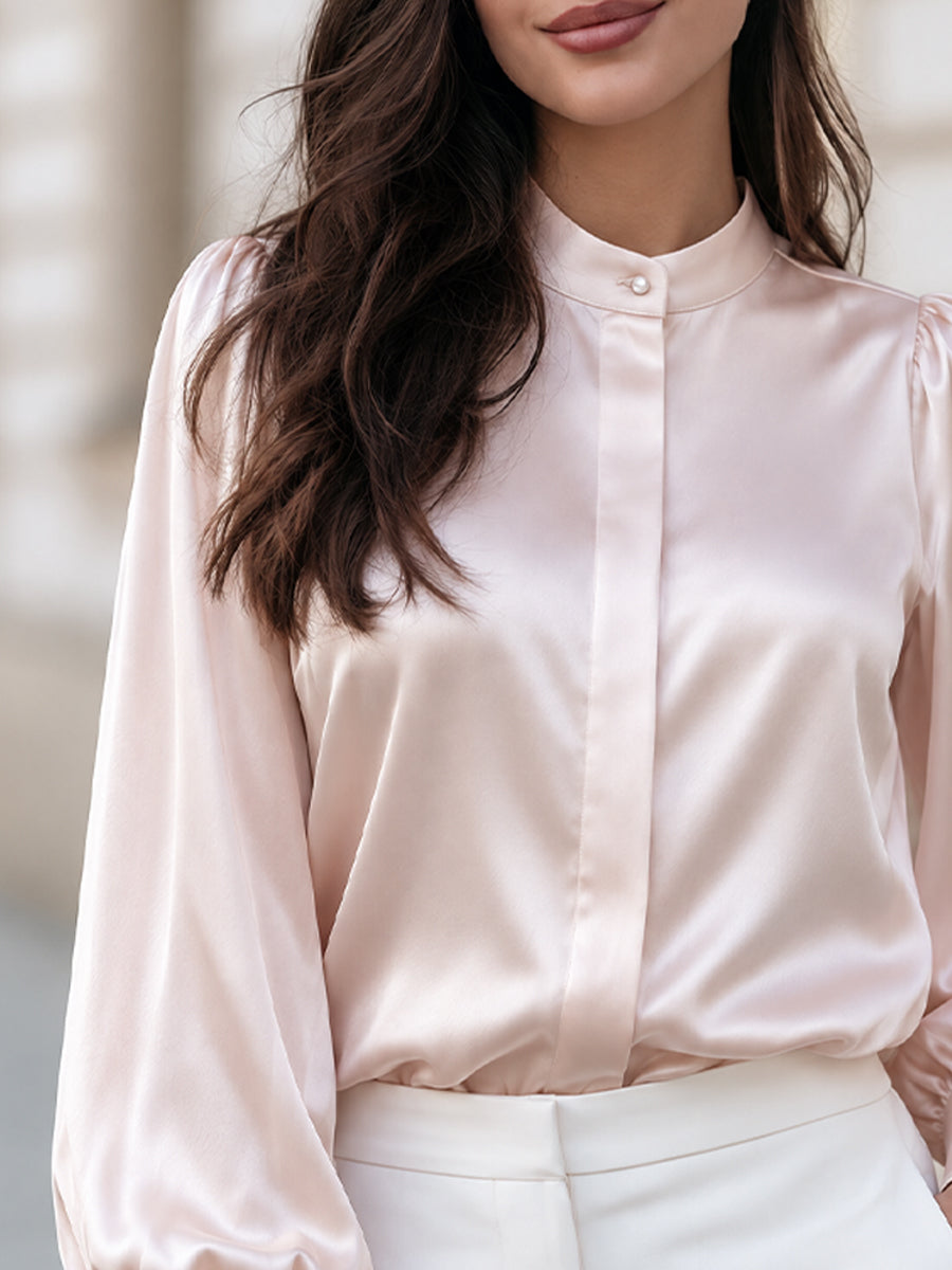 Stand Collar Pearl Button Satin Bishop Long Sleeve Blouse