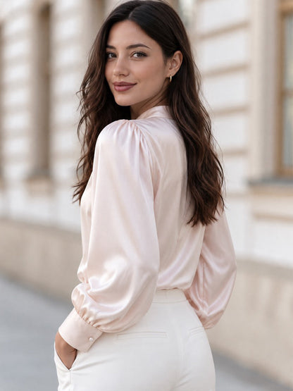 Stand Collar Pearl Button Satin Bishop Long Sleeve Blouse