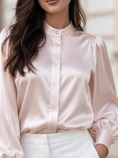 Stand Collar Pearl Button Satin Bishop Long Sleeve Blouse