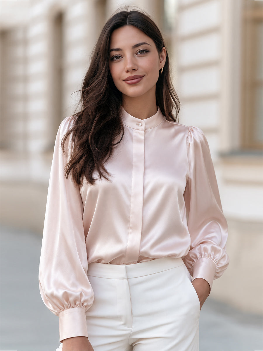Stand Collar Pearl Button Satin Bishop Long Sleeve Blouse