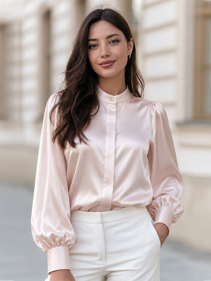 Stand Collar Pearl Button Satin Bishop Long Sleeve Blouse