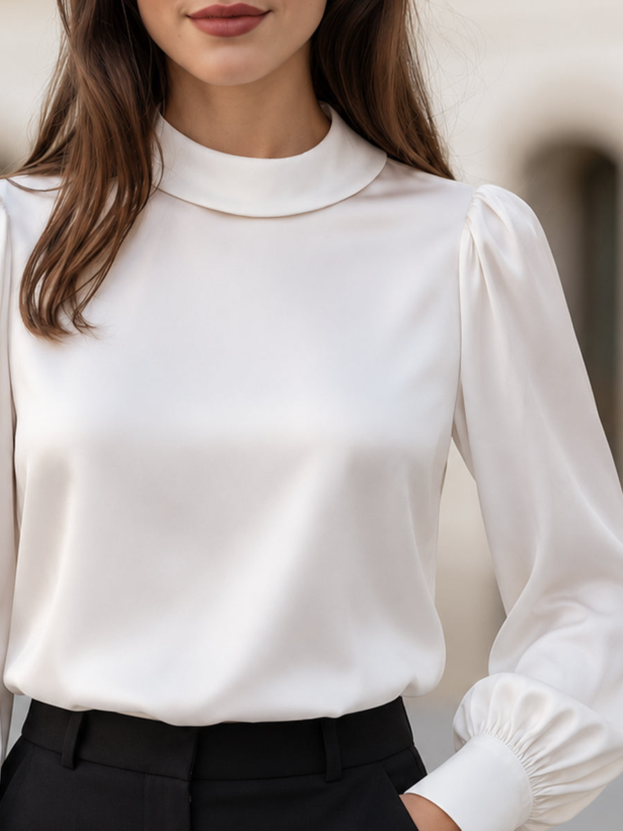 High Mock Neck Satin Puff Bishop Long Sleeve Blouse For Women