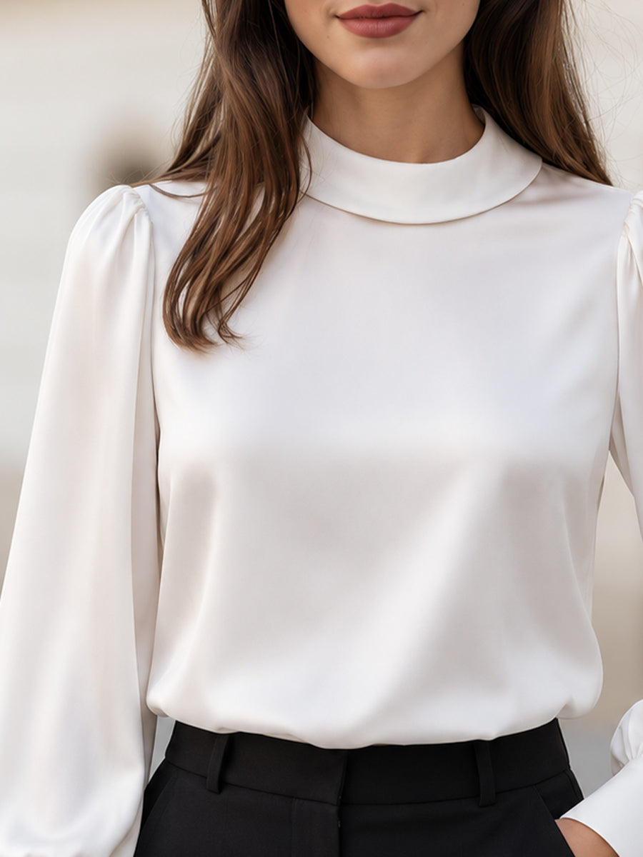 High Mock Neck Satin Puff Bishop Long Sleeve Blouse For Women
