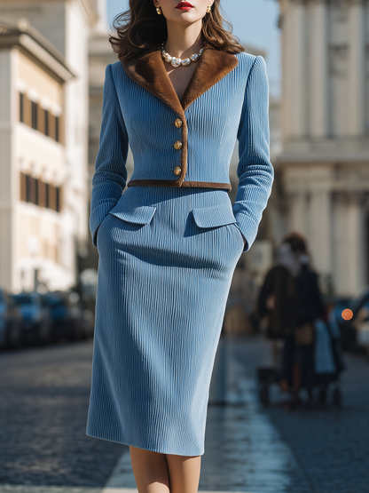 Blue Corduroy Faux Fur Lapel Two-Piece Midi Skirt Suit
