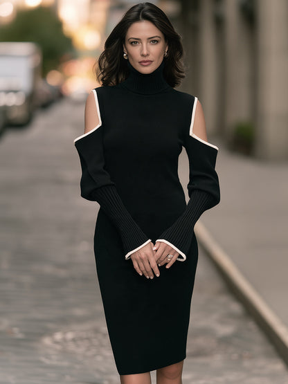 Turtleneck Cold-Shoulder Contrast Trim Ribbed Knit Midi Dress