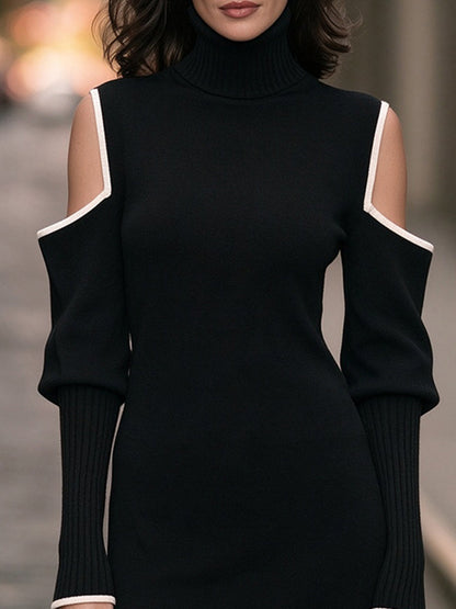Turtleneck Cold-Shoulder Contrast Trim Ribbed Knit Midi Dress