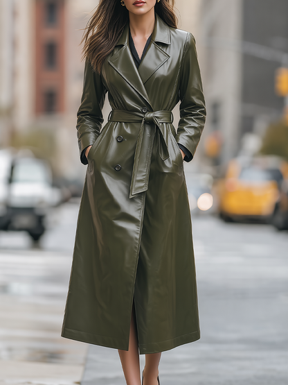 Olive Green Faux Leather Belted Long Trench Coat