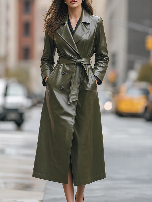 Olive Green Faux Leather Belted Long Trench Coat