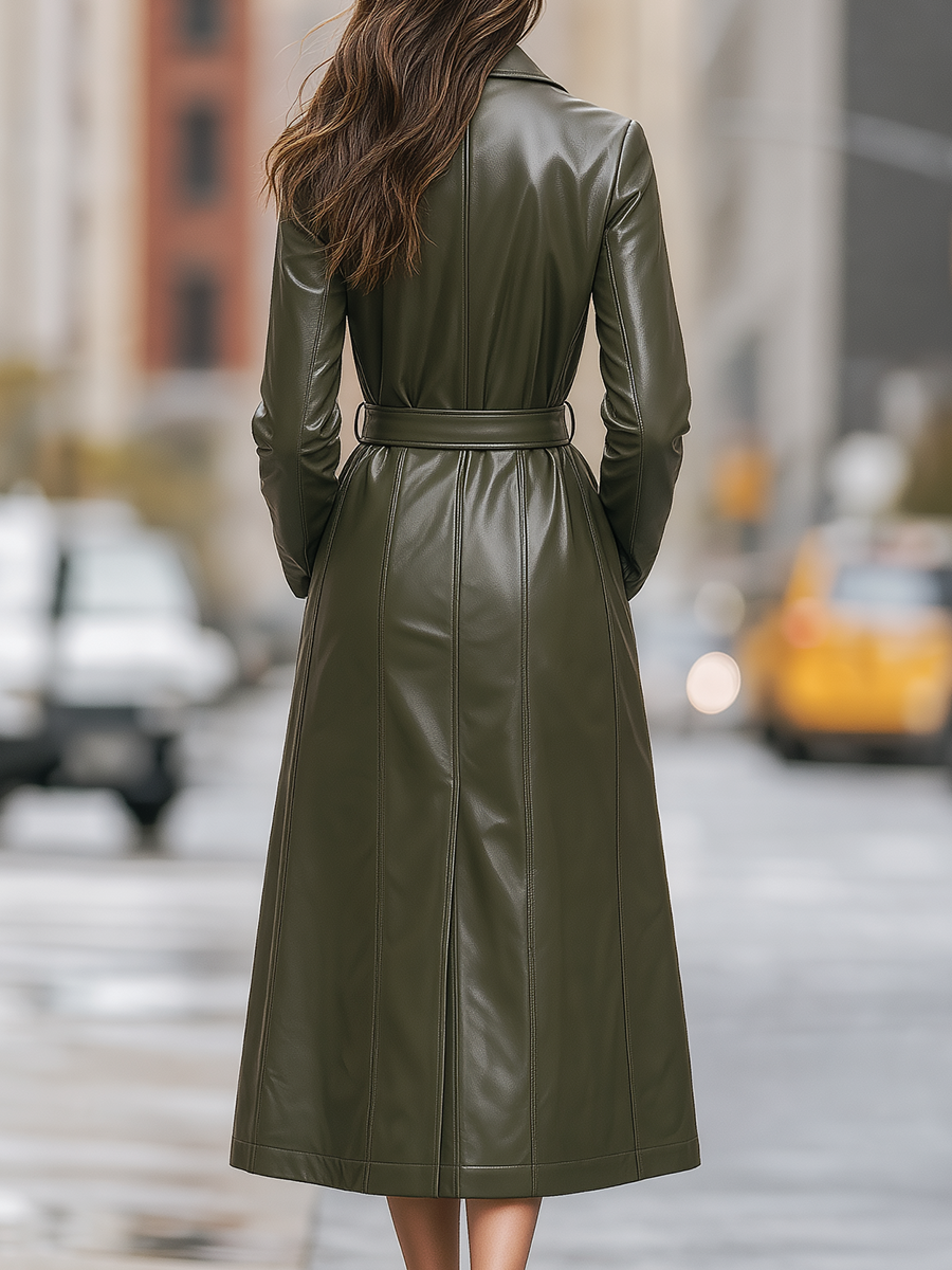 Olive Green Faux Leather Belted Long Trench Coat