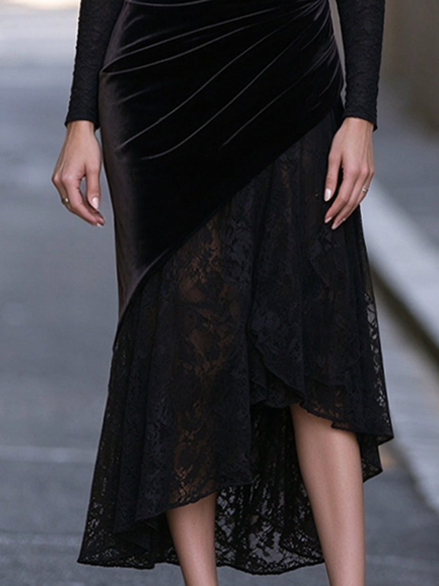 Boat-Neck Floral Lace Ruched Velvet Overlay Midi Dress