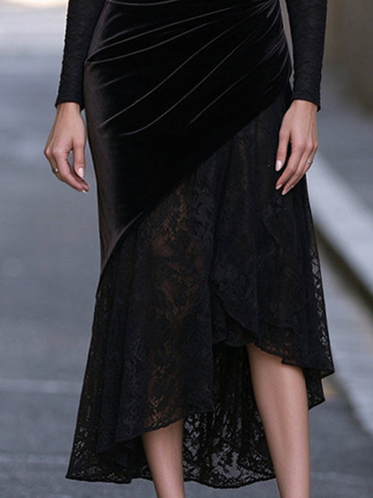Boat-Neck Floral Lace Ruched Velvet Overlay Midi Dress
