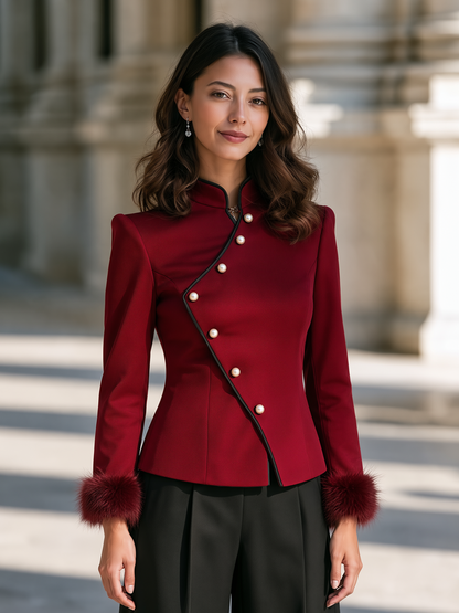 Elegant Contrast Piping Collar Diagonal Button Fitted Jacket