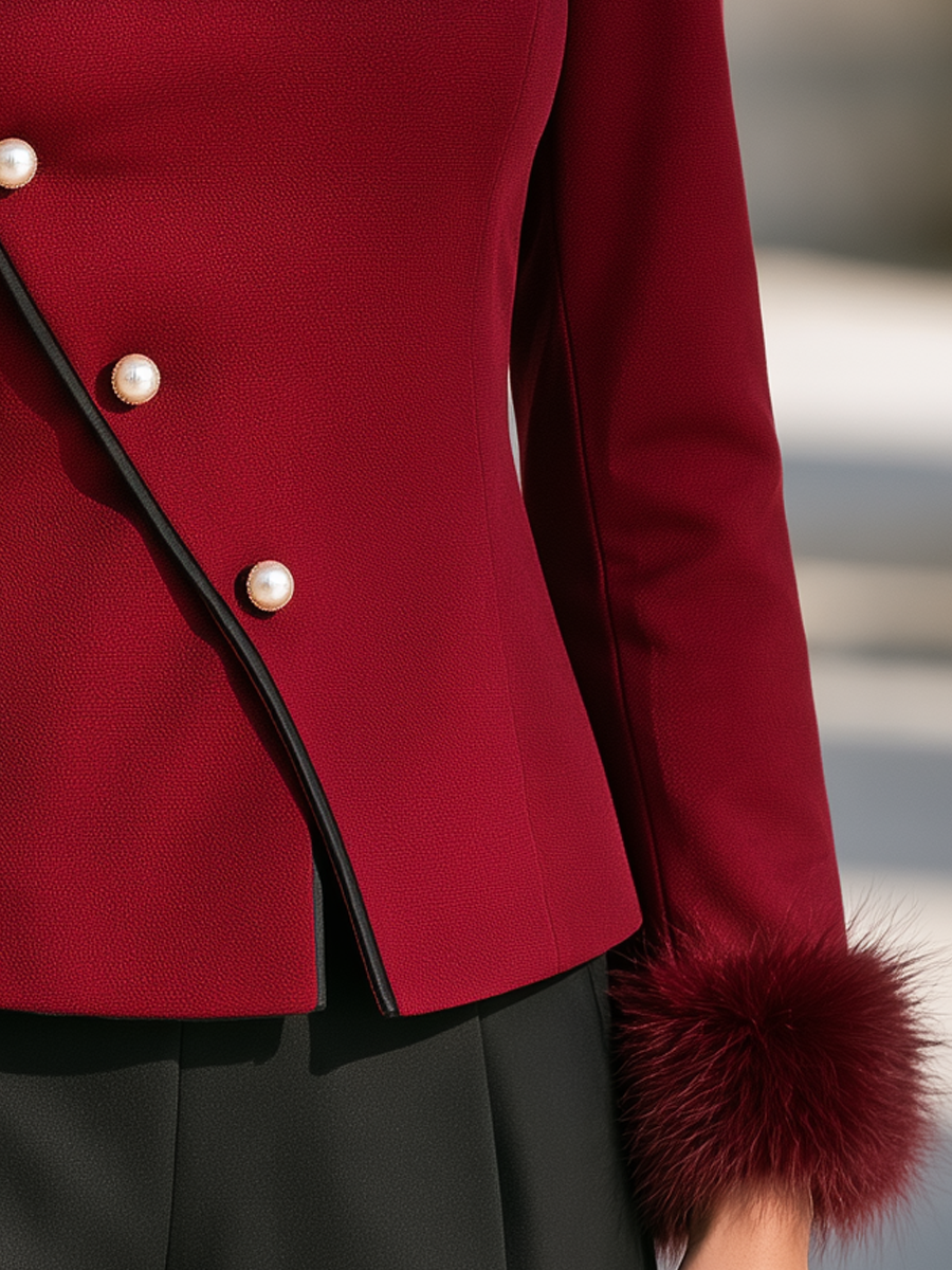 Elegant Contrast Piping Collar Diagonal Button Fitted Jacket