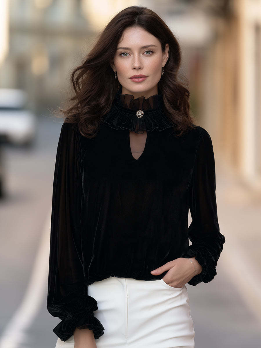 High-Neck Ruffled Mesh Velvet Top