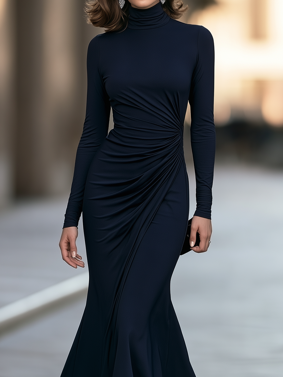 Turtleneck Side Ruched Mermaid Midi Dress