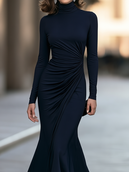 Turtleneck Side Ruched Mermaid Midi Dress