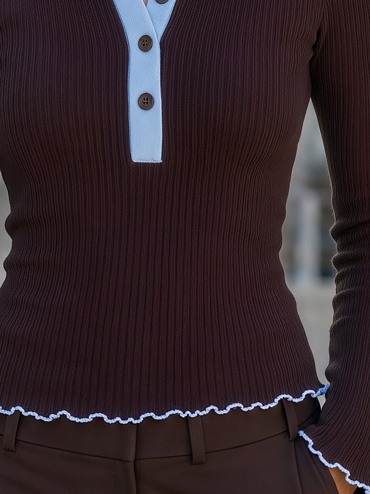 Contrast Collar Ribbed Knit Polo Sweater