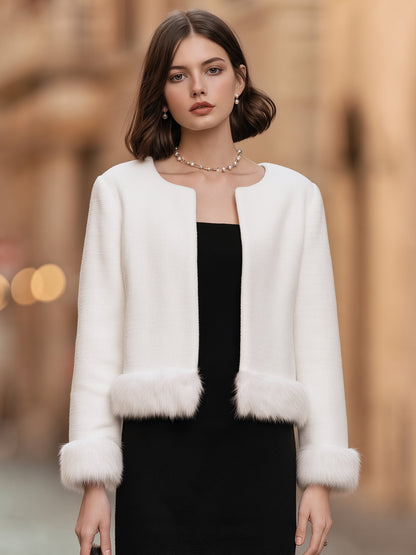 Faux Fur Trim Open-Front Cropped Jacket