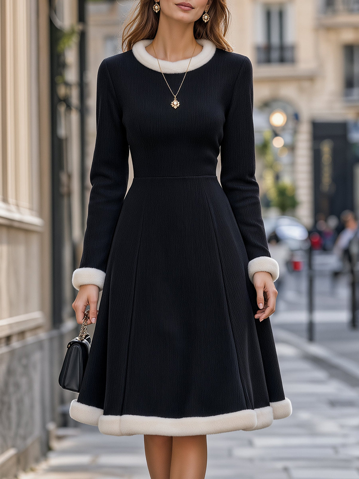 Faux Fur Trim Corduroy Midi Dress
