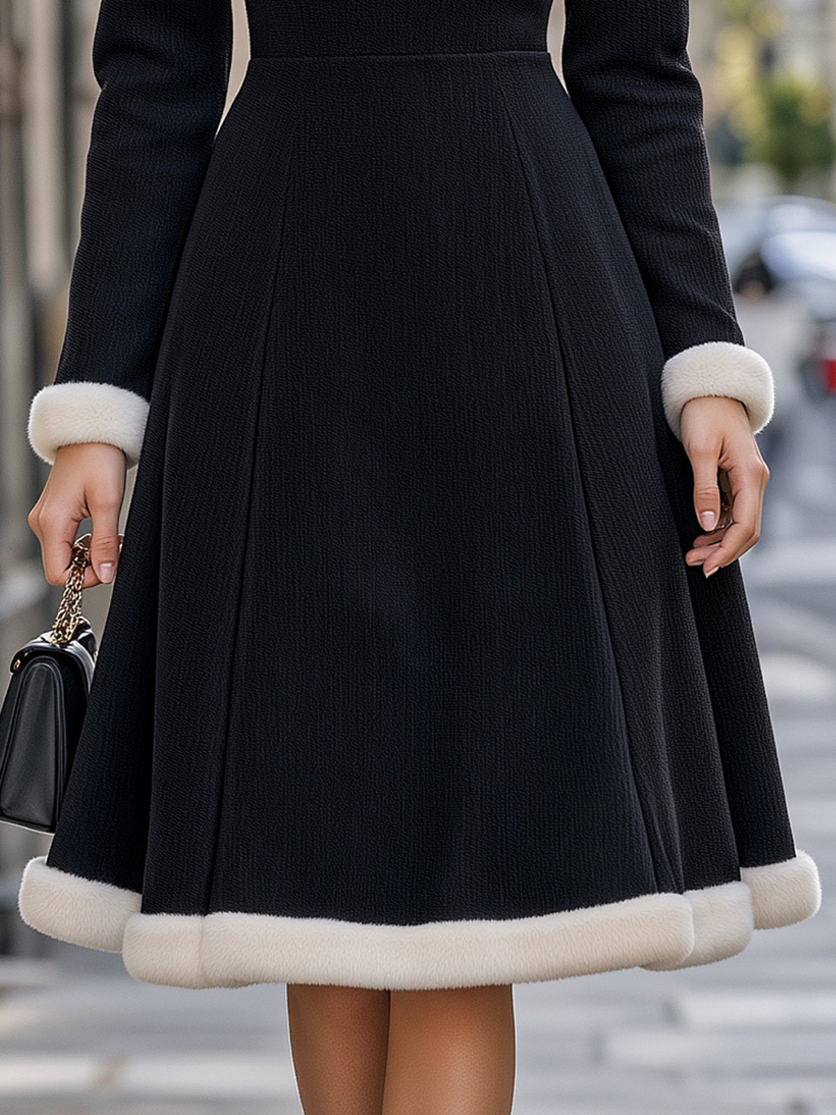 Faux Fur Trim Corduroy Midi Dress