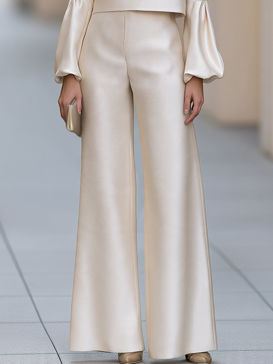 Elegant Ivory Stand Collar Puff Sleeve Top And Wide Leg Pants Two-Piece Set
