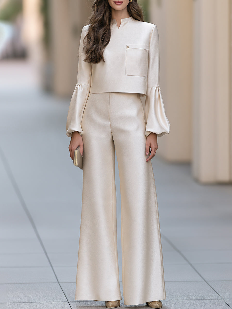 Elegant Ivory Stand Collar Puff Sleeve Top And Wide Leg Pants Two-Piece Set