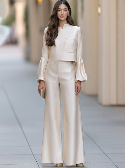 Elegant Ivory Stand Collar Puff Sleeve Top And Wide Leg Pants Two-Piece Set