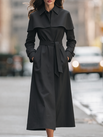 Black Cape Collar Belted Long Trench Coat