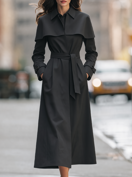 Black Cape Collar Belted Long Trench Coat