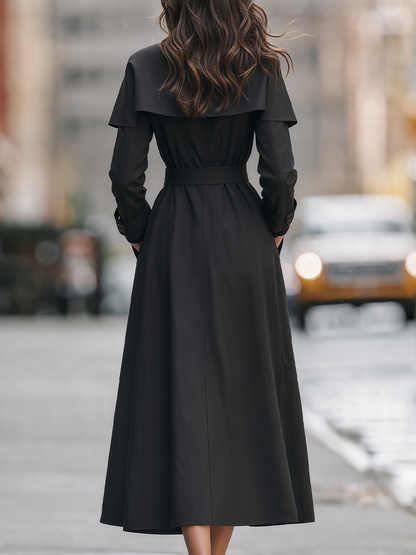 Black Cape Collar Belted Long Trench Coat