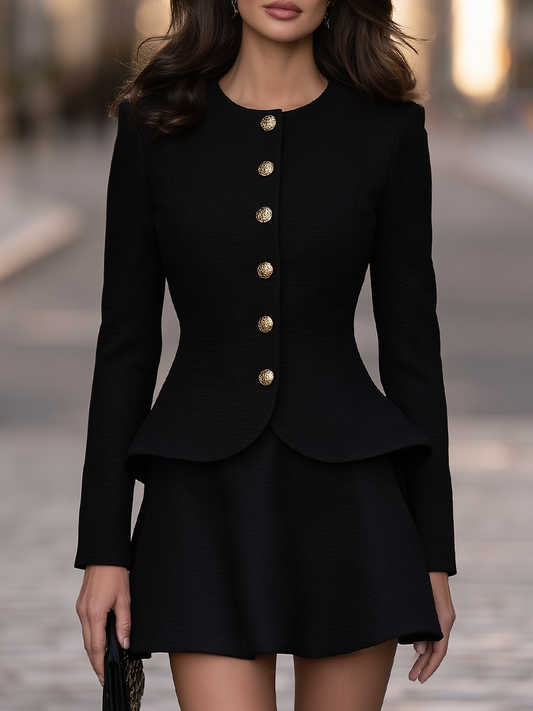 Button-Front Peplum Jacket And Mini Skirt Set