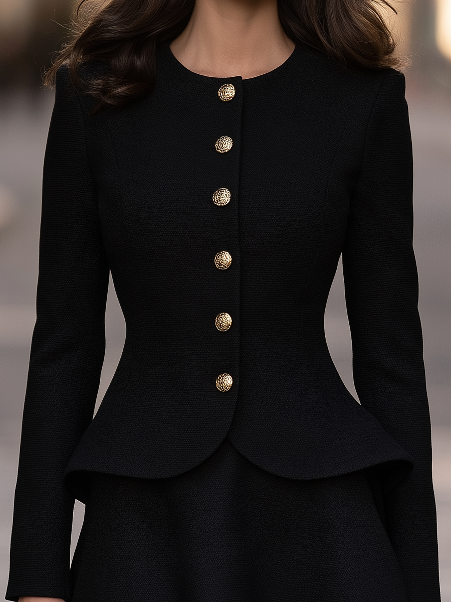 Button-Front Peplum Jacket And Mini Skirt Set