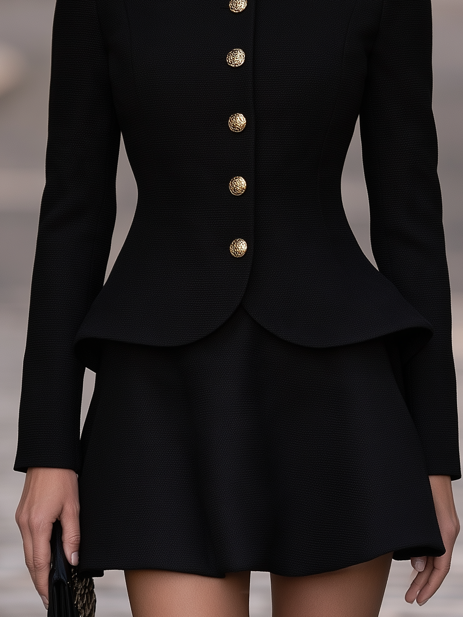 Button-Front Peplum Jacket And Mini Skirt Set