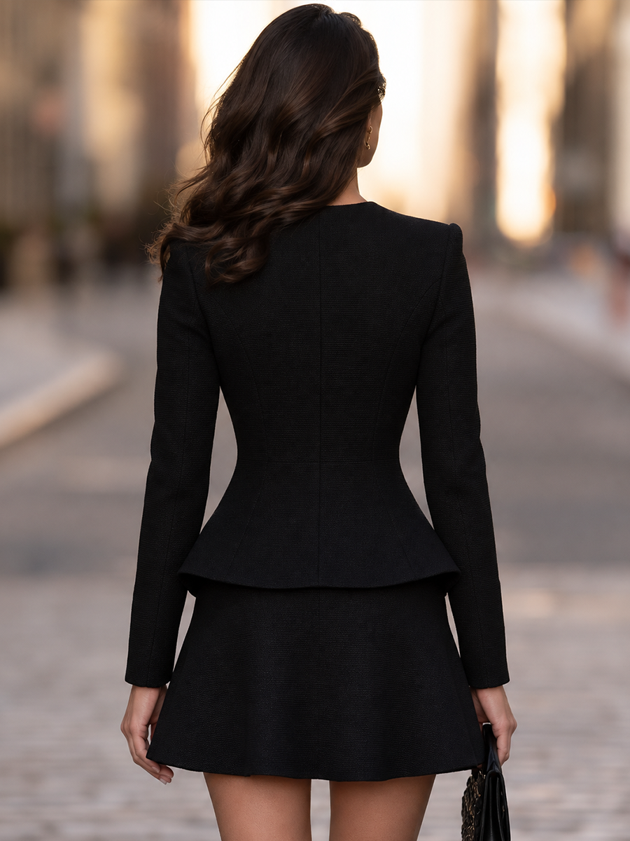 Button-Front Peplum Jacket And Mini Skirt Set