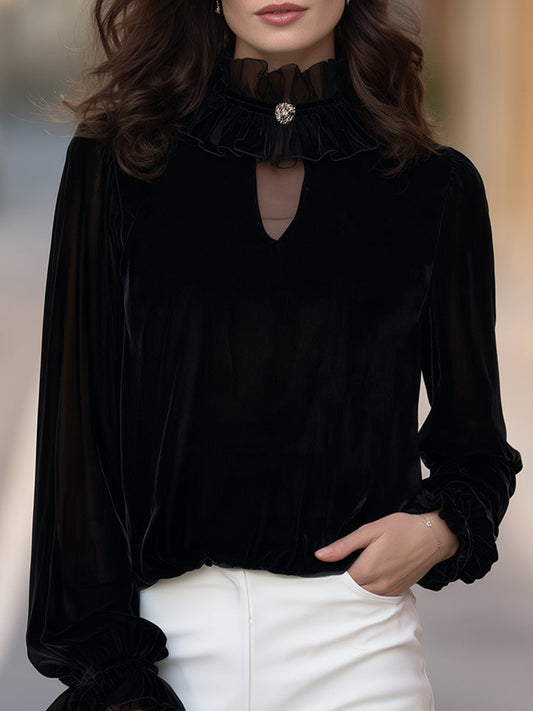 High-Neck Ruffled Mesh Velvet Top