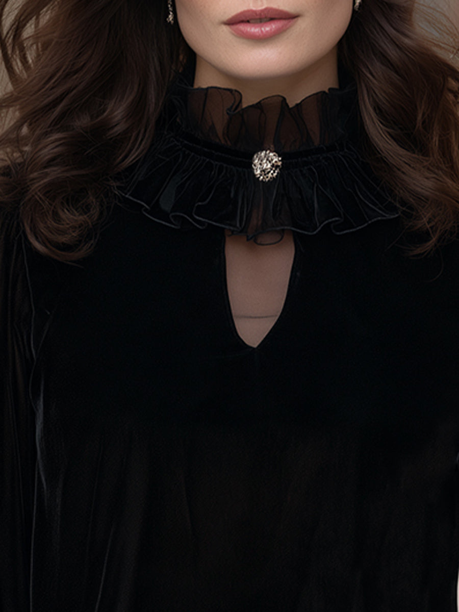High-Neck Ruffled Mesh Velvet Top