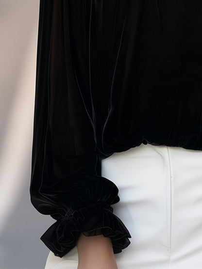 High-Neck Ruffled Mesh Velvet Top