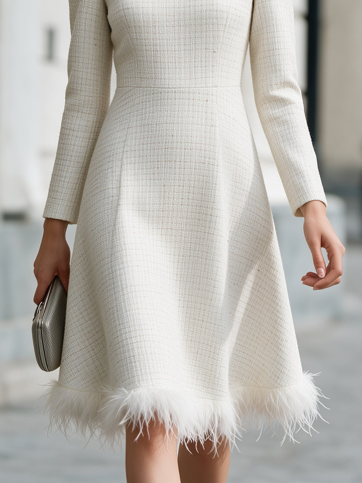 Feather Trim Textured A-Line Midi Dress