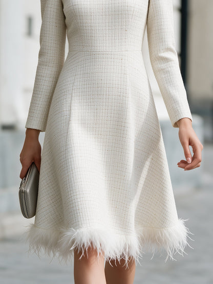 Feather Trim Textured A-Line Midi Dress