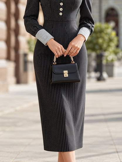 Layered Pinstripe Collared Midi Sheath Dress