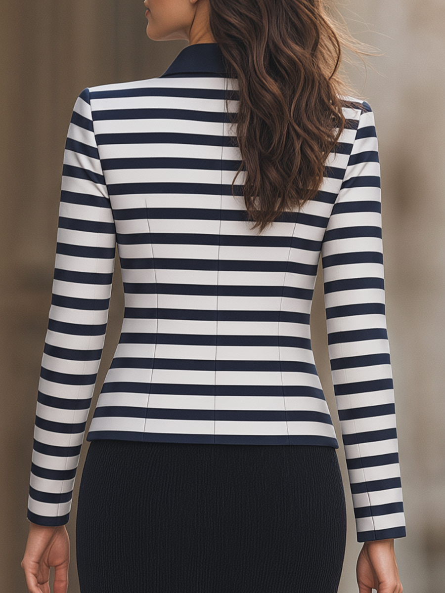 Navy White Striped Contrast Collar Cropped Jacket