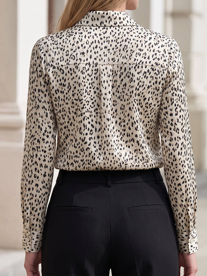Leopard Print Satin Point Collar Long Sleeve Shirt With Pearl Buttons