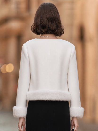 Faux Fur Trim Open-Front Cropped Jacket