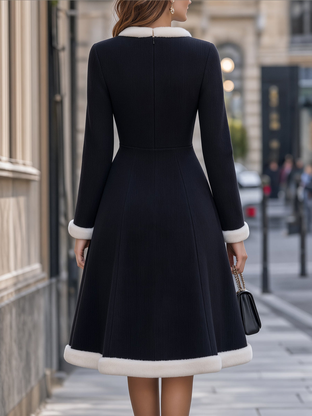 Faux Fur Trim Corduroy Midi Dress