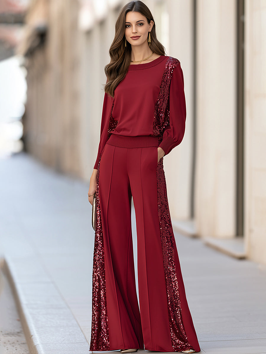 Elegant Burgundy Sequin Patchwork Long Sleeve Top And Wide Leg Pants Two-Piece Set