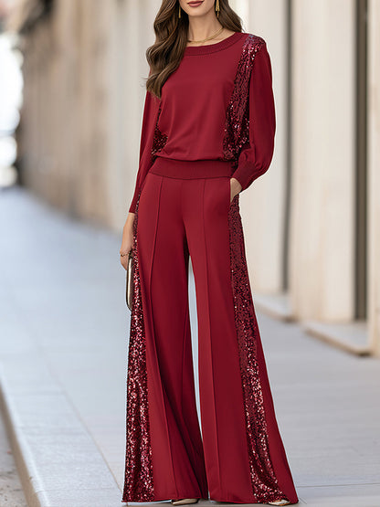 Elegant Burgundy Sequin Patchwork Long Sleeve Top And Wide Leg Pants Two-Piece Set