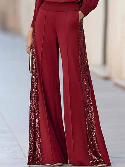 Elegant Burgundy Sequin Patchwork Long Sleeve Top And Wide Leg Pants Two-Piece Set